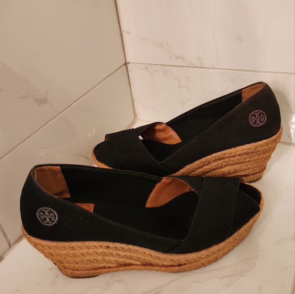 Tory Burch Black Canvas Wedge Shoes Filipa Heels Wedge Espadrille Sandals Sz 9b